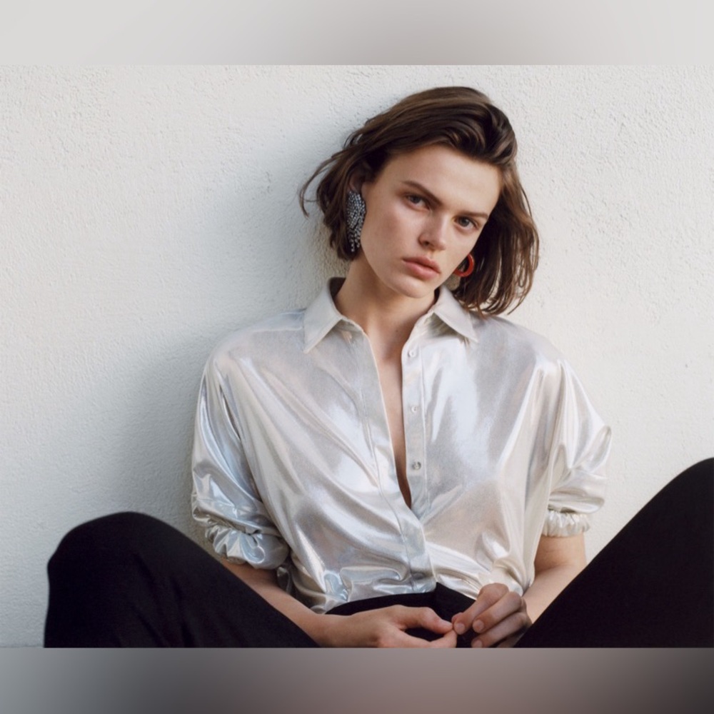 Zara Metallic Shirt, Silver Button Down Long Sleeve Blouse, size M, NWT